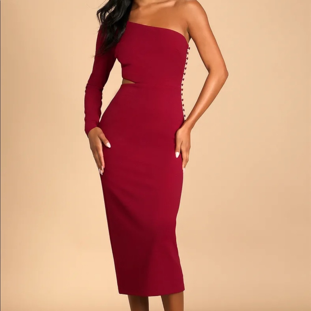 Lulus Truly Tempted Burgundy One-Shoulder Cutout Midi Dress size XS
